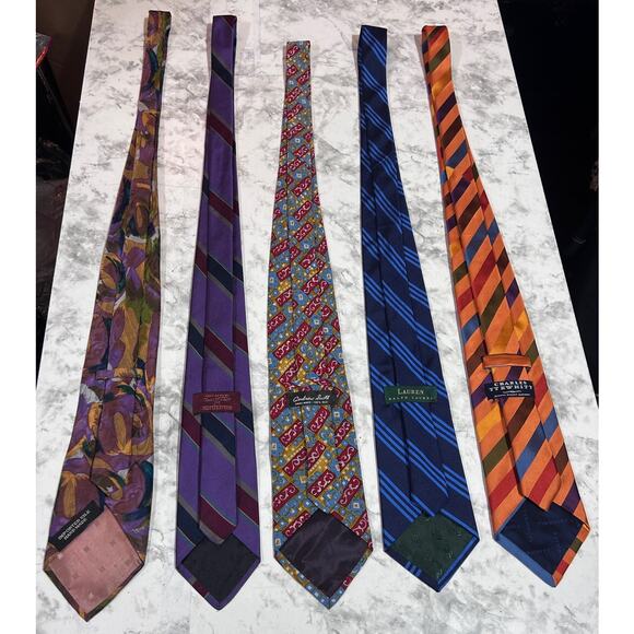 Mens 100% Silk Ties Lot Of 5 Blue Striped Multi Design Print Career Work Church - Picture 4 of 9